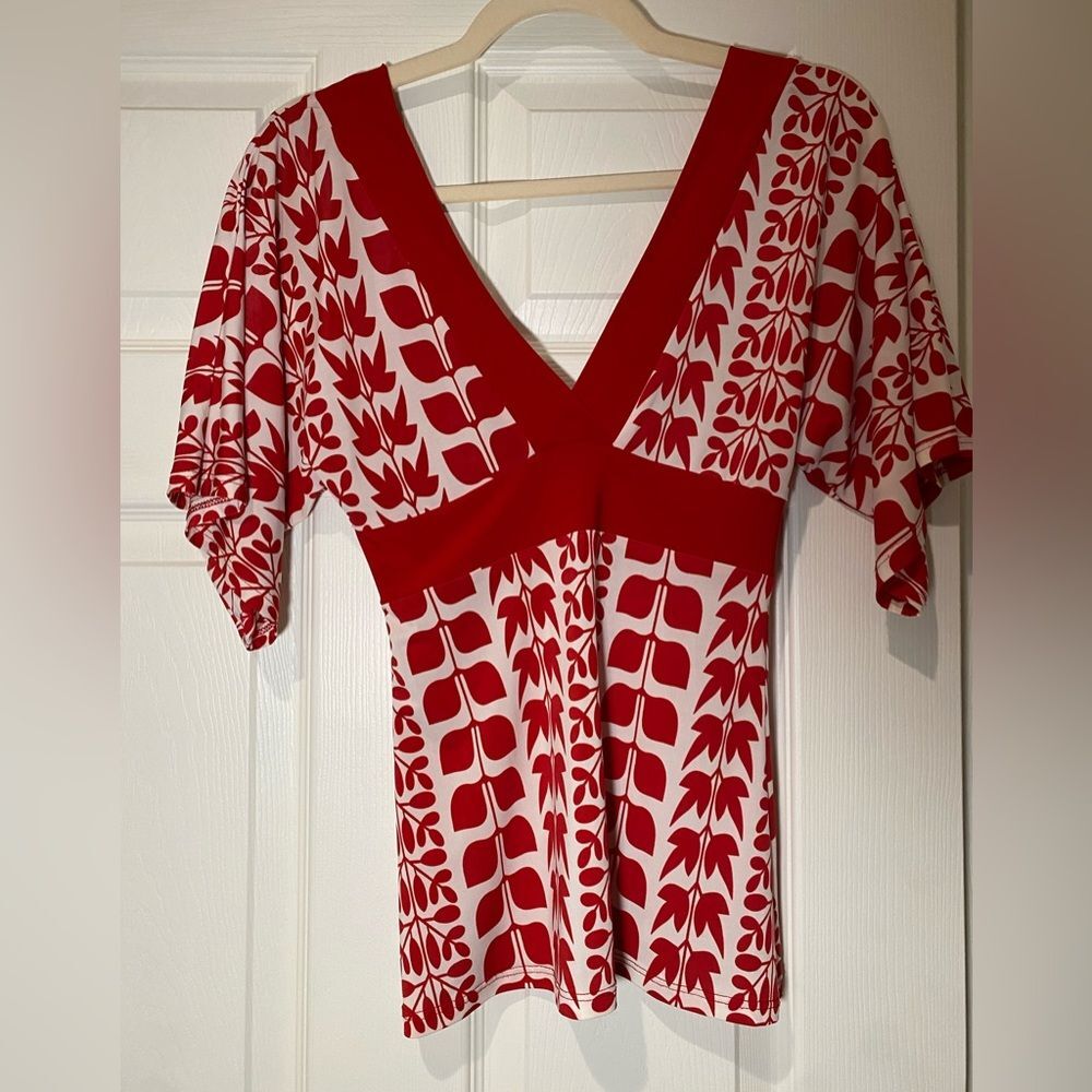 Wet Seal Red and White Leaf Print Double V-Neck Blouse